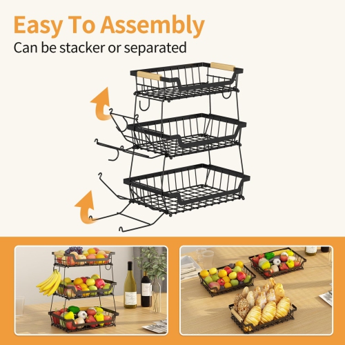GILLAS 3 Tier Countertop Fruit Basket with 2 Banana Hangers for Kitchen, Detachable Metal Organizer for Bread Vegetable