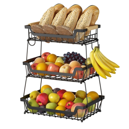 GILLAS 3 Tier Countertop Fruit Basket with 2 Banana Hangers for Kitchen, Detachable Metal Organizer for Bread Vegetable