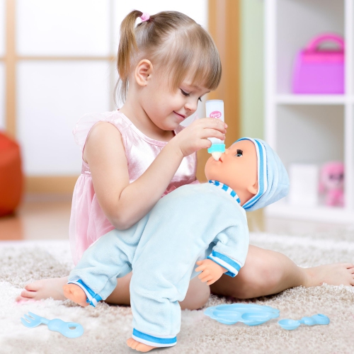 Baby Doll 12 Inches Boy Doll Set with 3 Clothes and Accessories, Carrier Bassinet Bed, Bottle, Pacifier, Blanket, Preten