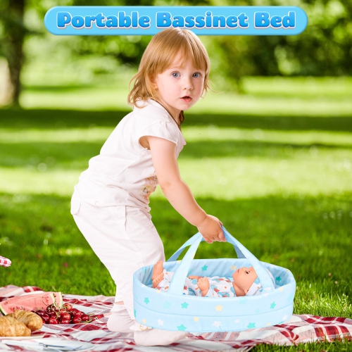 Baby Doll 12 Inches Boy Doll Set with 3 Clothes and Accessories, Carrier Bassinet Bed, Bottle, Pacifier, Blanket, Preten