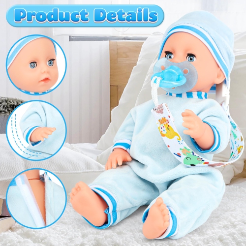 Baby Doll 12 Inches Boy Doll Set with 3 Clothes and Accessories, Carrier Bassinet Bed, Bottle, Pacifier, Blanket, Preten