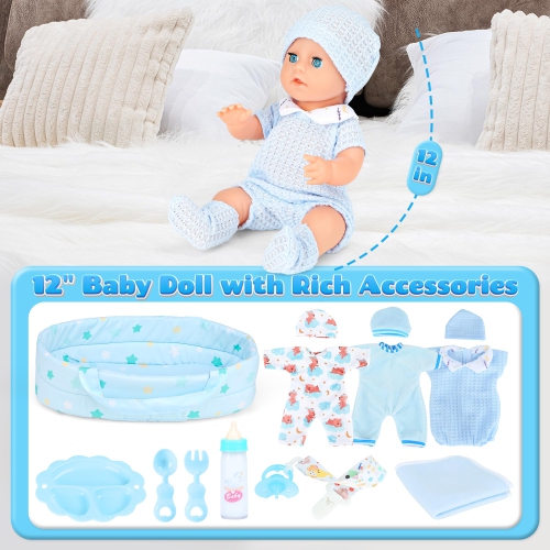 Baby Doll 12 Inches Boy Doll Set with 3 Clothes and Accessories, Carrier Bassinet Bed, Bottle, Pacifier, Blanket, Preten
