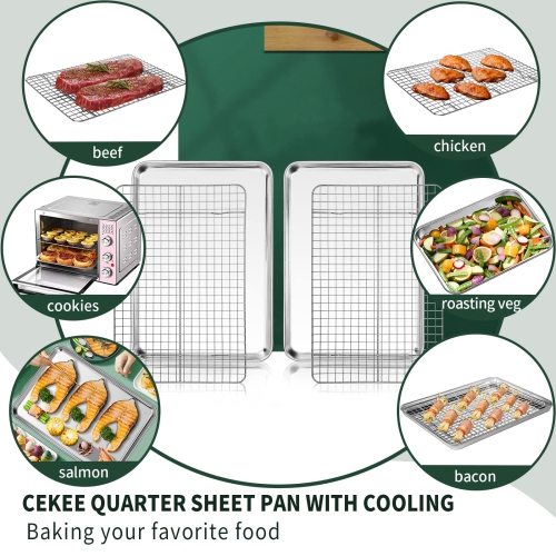 Quarter Sheet Pan with Cooling Rack Set [2 Baking Sheets + 2 Baking Racks], CEKEE Stainless Steel Cookie Sheets for Baki