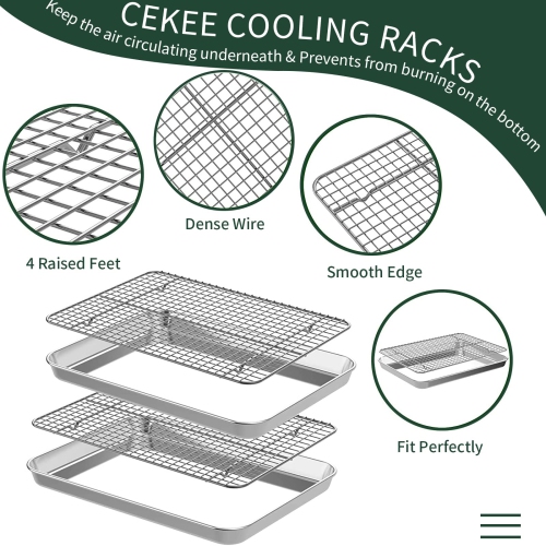 Quarter Sheet Pan with Cooling Rack Set [2 Baking Sheets + 2 Baking Racks], CEKEE Stainless Steel Cookie Sheets for Baki