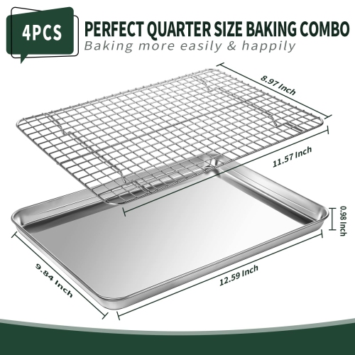 Quarter Sheet Pan with Cooling Rack Set [2 Baking Sheets + 2 Baking Racks], CEKEE Stainless Steel Cookie Sheets for Baki