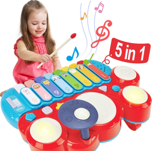 HAHALAND  Baby Toys 12-18 Months - Toddler Toys for 1 2 3 Year Old Boys Girls Gifts, 5 In 1 Kids Baby Piano Drum Set, Mus