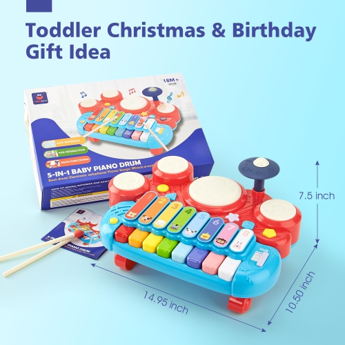 hahaland Baby Toys 12-18 Months - Toddler Toys for 1 2 3 Year Old Boys Girls Gifts, 5 in 1 Kids Baby Piano Drum Set, Mus
