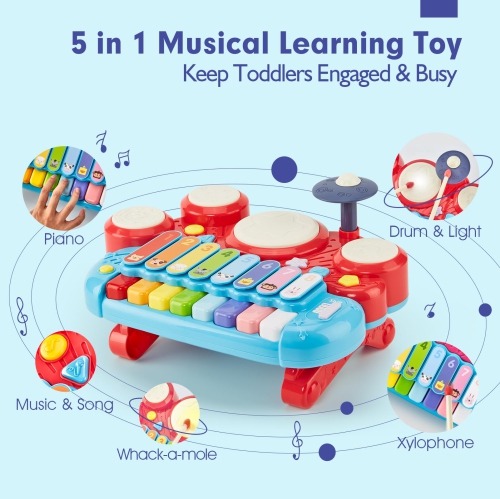hahaland Baby Toys 12-18 Months - Toddler Toys for 1 2 3 Year Old Boys Girls Gifts, 5 in 1 Kids Baby Piano Drum Set, Mus