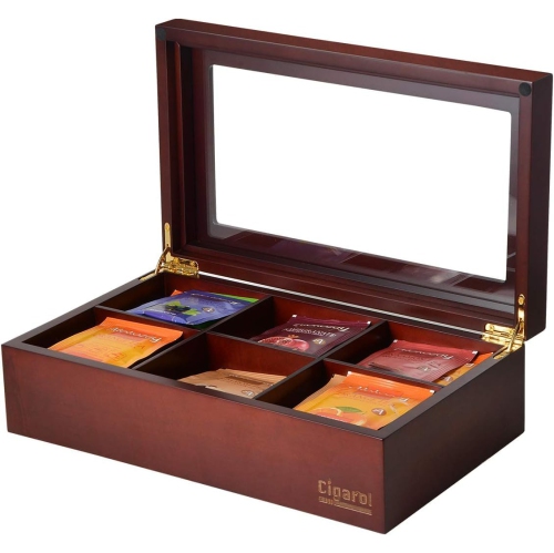 Volenx Tea Chest Box, Wooden Tea Box Storage Organizer with Dividers and Glass Window, Tea Box Holder 6 Compartment for