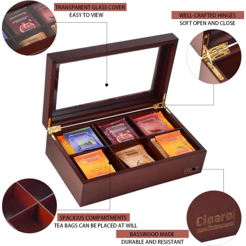 Volenx Tea Chest Box, Wooden Tea Box Storage Organizer with Dividers and Glass Window, Tea Box Holder 6 Compartment for