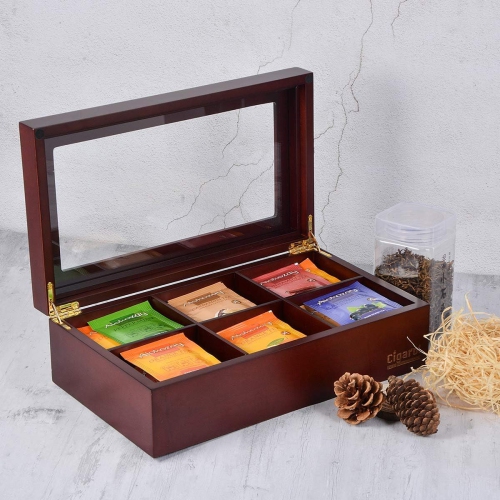 Volenx Tea Chest Box, Wooden Tea Box Storage Organizer with Dividers and Glass Window, Tea Box Holder 6 Compartment for