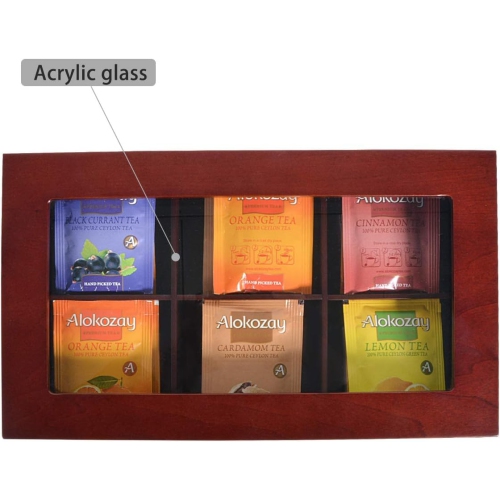 Volenx Tea Chest Box, Wooden Tea Box Storage Organizer with Dividers and Glass Window, Tea Box Holder 6 Compartment for