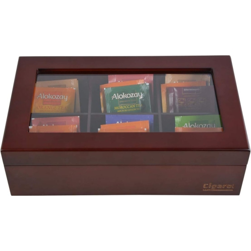 Volenx Tea Chest Box, Wooden Tea Box Storage Organizer with Dividers and Glass Window, Tea Box Holder 6 Compartment for