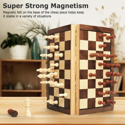 15.35 Inch Magnetic Wooden Chess Set, Exqline Large Chess Board Set with 2 Extra Queens, Handmade Portable Travel Foldin