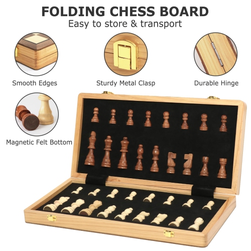 15.35 Inch Magnetic Wooden Chess Set, Exqline Large Chess Board Set with 2 Extra Queens, Handmade Portable Travel Foldin