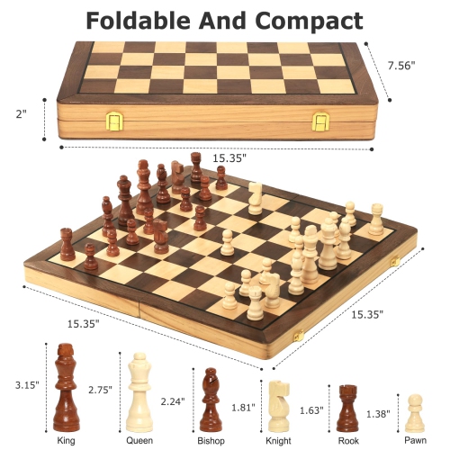 15.35 Inch Magnetic Wooden Chess Set, Exqline Large Chess Board Set with 2 Extra Queens, Handmade Portable Travel Foldin