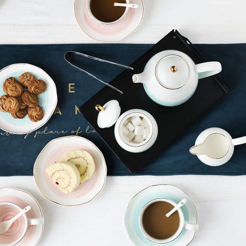 Ensemble à thé en porcelaine Sweejar, ensemble de 4 tasses et cuillères à soupe 8 oz, récipient à crème pour sucrier et passoire à thé