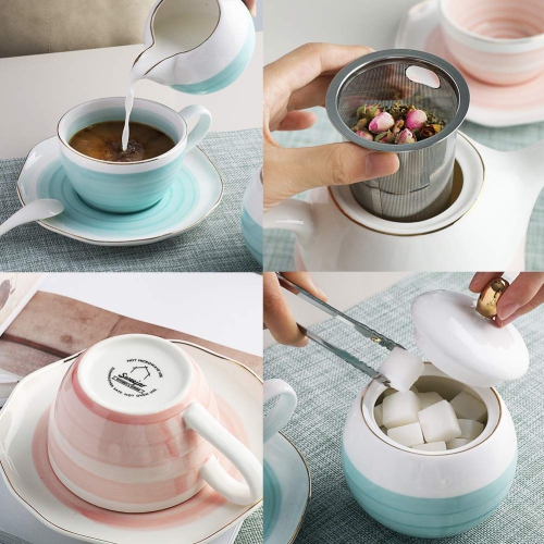 Ensemble à thé en porcelaine Sweejar, ensemble de 4 tasses et cuillères à soupe 8 oz, récipient à crème pour sucrier et passoire à thé