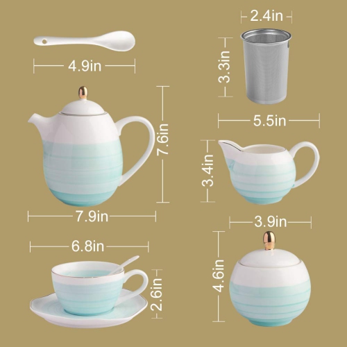 Ensemble à thé en porcelaine Sweejar, ensemble de 4 tasses et cuillères à soupe 8 oz, récipient à crème pour sucrier et passoire à thé