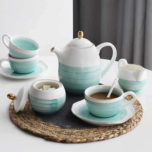 Ensemble à thé en porcelaine Sweejar, ensemble de 4 tasses et cuillères à soupe 8 oz, récipient à crème pour sucrier et passoire à thé