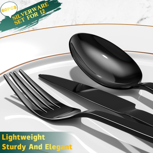 Yoehka 60 Pieces Black Silverware Set,Premium Stainless Steel Flatware Set for 12, Mirror Polished Tableware Cutlery Set