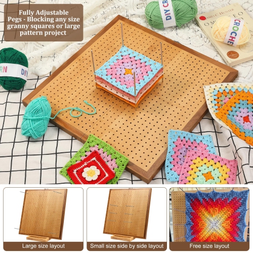 Tableau de blocage à crochet de 11,8 po avec 20 chevilles, planches de blocage en bambou pour projets crochetés, panneau de blocage carré Granny