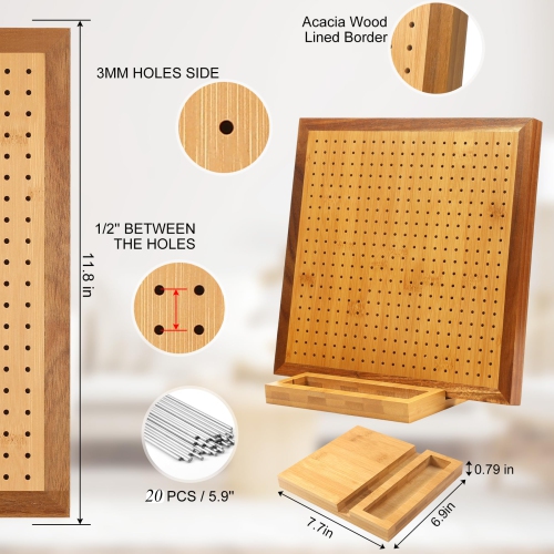 Tableau de blocage à crochet de 11,8 po avec 20 chevilles, planches de blocage en bambou pour projets crochetés, panneau de blocage carré Granny