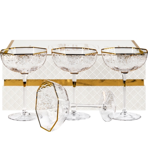 Small 5 oz Octagonal Prestige Coupe Glasses with Gold Rims for Cocktails and Champagne | Set of 4 | Crystal Angled Long