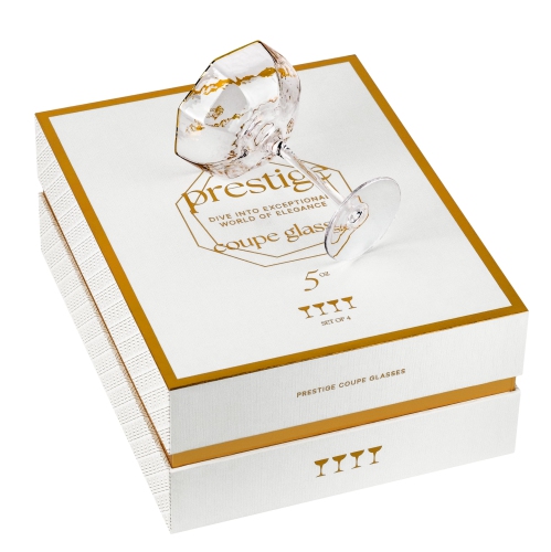 Small 5 oz Octagonal Prestige Coupe Glasses with Gold Rims for Cocktails and Champagne | Set of 4 | Crystal Angled Long