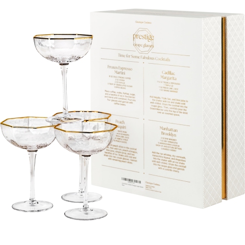 Small 5 oz Octagonal Prestige Coupe Glasses with Gold Rims for Cocktails and Champagne | Set of 4 | Crystal Angled Long