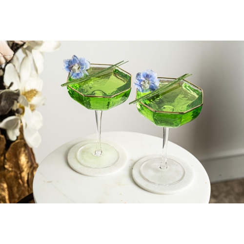 Small 5 oz Octagonal Prestige Coupe Glasses with Gold Rims for Cocktails and Champagne | Set of 4 | Crystal Angled Long