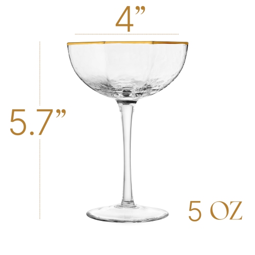 Small 5 oz Octagonal Prestige Coupe Glasses with Gold Rims for Cocktails and Champagne | Set of 4 | Crystal Angled Long