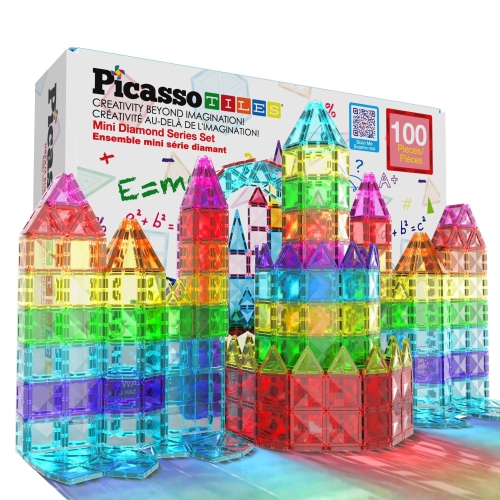 PICASSOTILES  100 Pieces Magnetic Tiles Building Blocks Mini Size Diamond Series Magnet Toys Travel Size On-The-Go Constr Love them