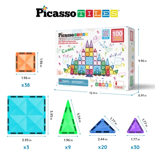 PicassoTiles 100 Pieces Magnetic Tiles Building Blocks Mini Size Diamond Series Magnet Toys Travel Size On-The-Go Constr