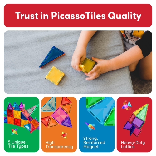 PicassoTiles 100 Pieces Magnetic Tiles Building Blocks Mini Size Diamond Series Magnet Toys Travel Size On-The-Go Constr