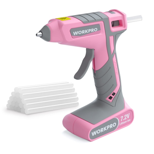 WORKPRO Pink Cordless Hot Melt Glue Gun, 7.2V Rechargeable Fast Preheating Glue Gun Kit with 20 Pc Premium Mini Glue Sti