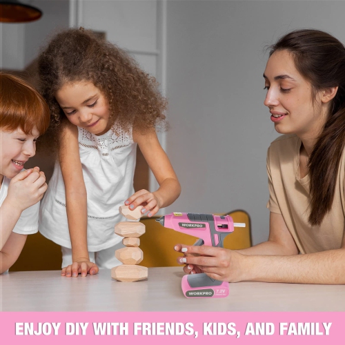 WORKPRO Pink Cordless Hot Melt Glue Gun, 7.2V Rechargeable Fast Preheating Glue Gun Kit with 20 Pc Premium Mini Glue Sti