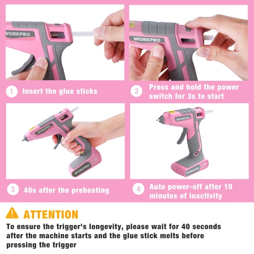 WORKPRO Pink Cordless Hot Melt Glue Gun, 7.2V Rechargeable Fast Preheating Glue Gun Kit with 20 Pc Premium Mini Glue Sti