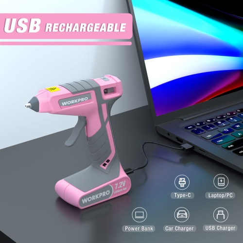 WORKPRO Pink Cordless Hot Melt Glue Gun, 7.2V Rechargeable Fast Preheating Glue Gun Kit with 20 Pc Premium Mini Glue Sti