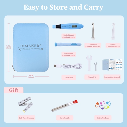 Crochet à crochet lumineux ergonomique INMAKER, ensemble de crochets à compter 18-en-1 numérique, aiguilles à crochet LED avec crochet A.