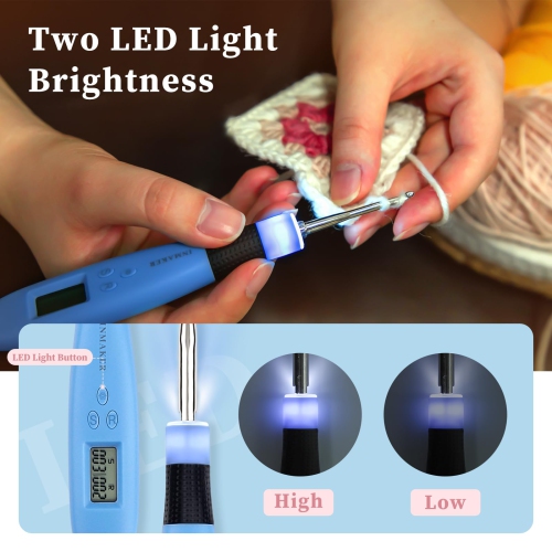 Crochet à crochet lumineux ergonomique INMAKER, ensemble de crochets à compter 18-en-1 numérique, aiguilles à crochet LED avec crochet A.