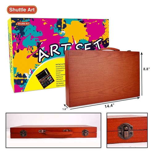 Shuttle Art 118 Piece Deluxe Art Set, Art Supplies in Wooden Case, Painting Drawing Art Kit with Acrylic Paint Pencils O