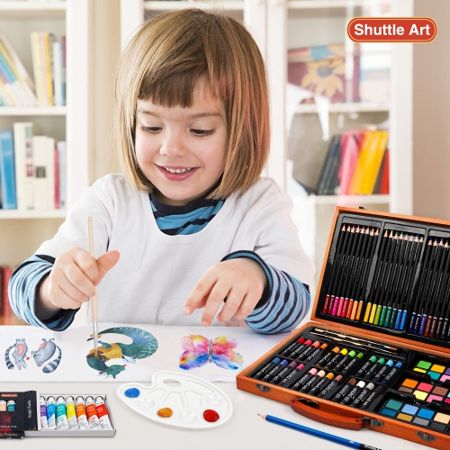 Shuttle Art 118 Piece Deluxe Art Set, Art Supplies in Wooden Case, Painting Drawing Art Kit with Acrylic Paint Pencils O