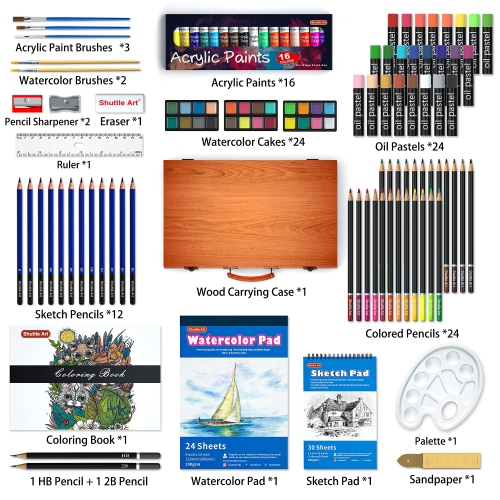 Shuttle Art 118 Piece Deluxe Art Set, Art Supplies in Wooden Case, Painting Drawing Art Kit with Acrylic Paint Pencils O