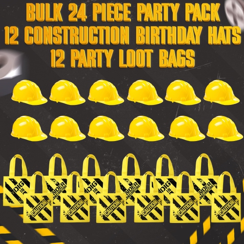 Bedwina Construction Birthday Party Supplies Hats & Mini Tote Bags, 12 Yellow Toy Hats & 12 Under Construction
