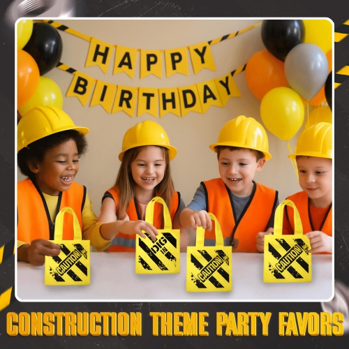 Bedwina Construction Birthday Party Supplies Hats & Mini Tote Bags, 12 Yellow Toy Hats & 12 Under Construction