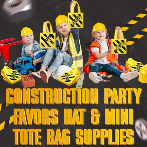 Bedwina Construction Birthday Party Supplies Hats & Mini Tote Bags, 12 Yellow Toy Hats & 12 Under Construction