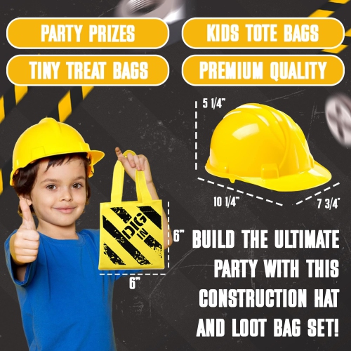 Bedwina Construction Birthday Party Supplies Hats & Mini Tote Bags, 12 Yellow Toy Hats & 12 Under Construction