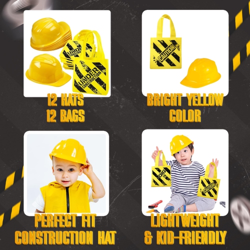 Bedwina Construction Birthday Party Supplies Hats & Mini Tote Bags, 12 Yellow Toy Hats & 12 Under Construction