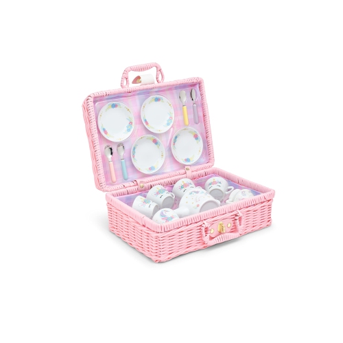 Porcelain Tea Set for Girls - Mini Ceramic Tea Cups with Pink Wicker Basket - Cute Tea Pot and Tiny Cups Set for Girls T